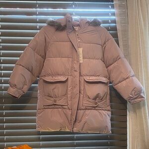 Children's Pink Puffer Coat with Faux Fur Hood NWT